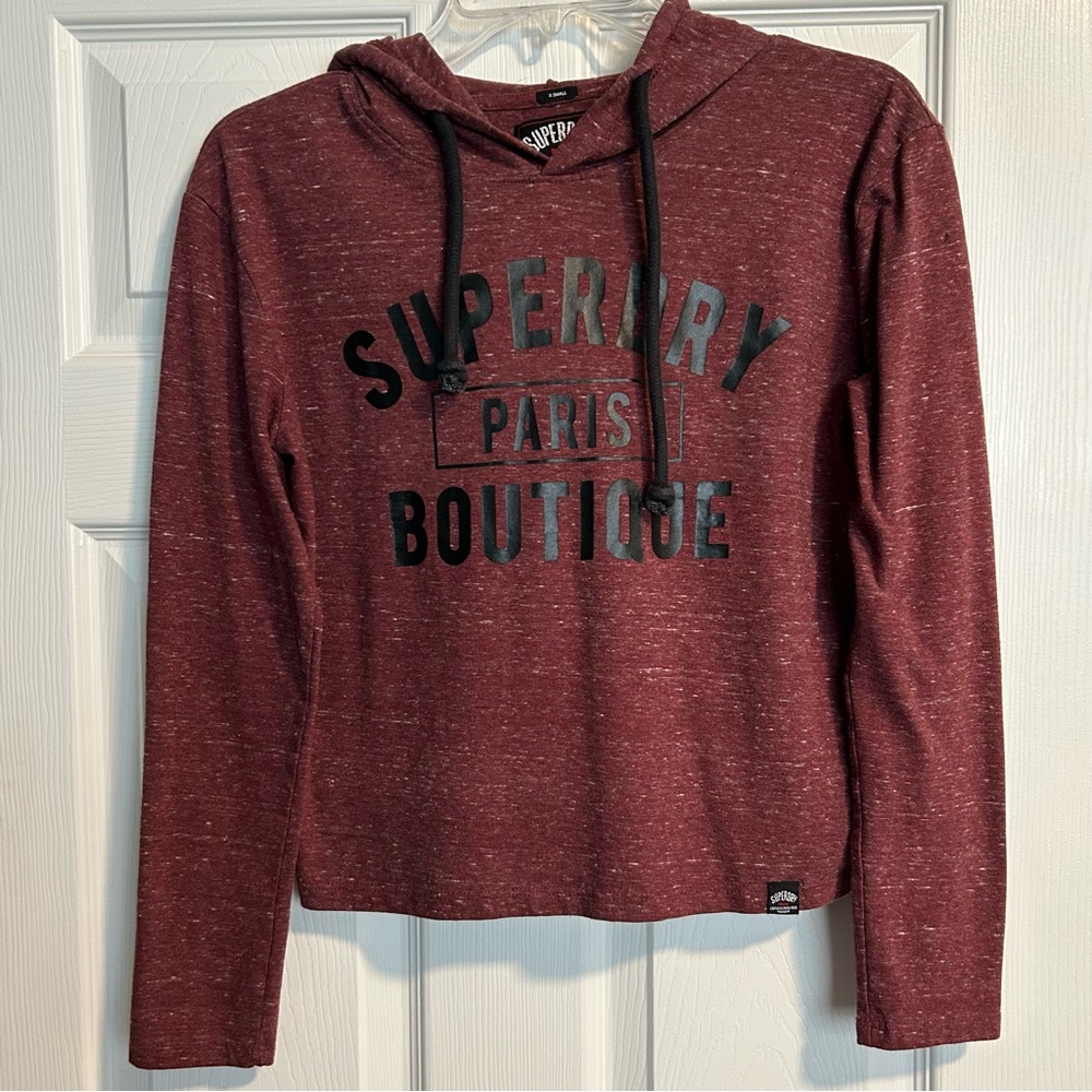 Superdry Paris Boutique Hoodie – Women's XS, Maroon "C'est La Vie 75016" Logo